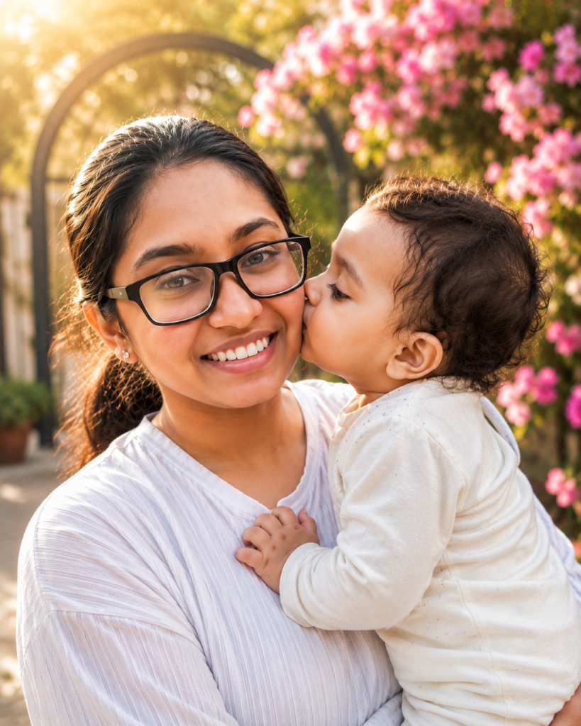 Mother holding baby at home